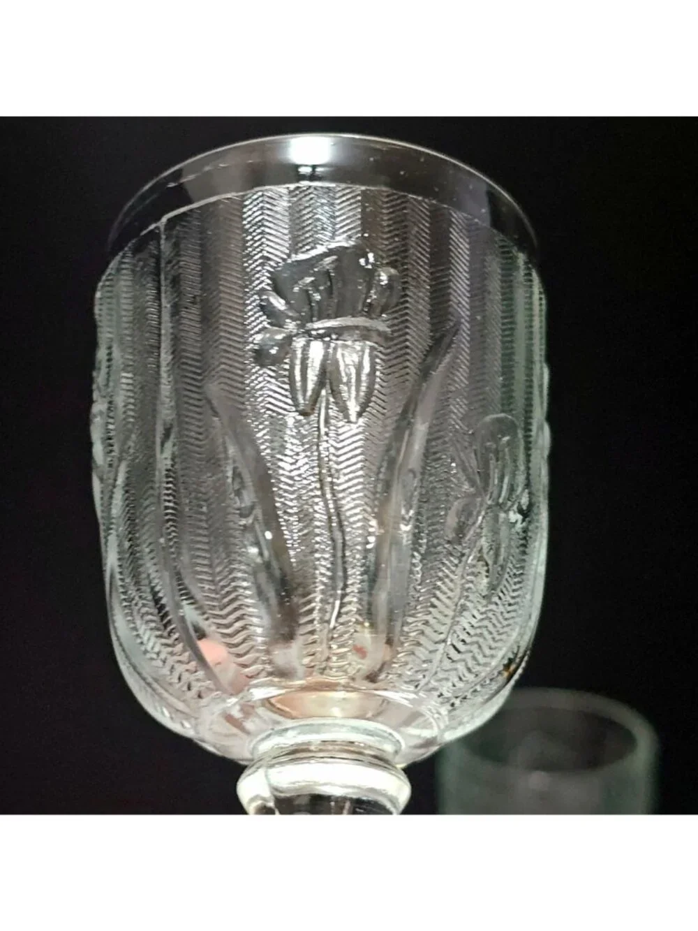 2 Jeanette Iris Port Wine Glasses 3oz Depression glass 1930s floral textured